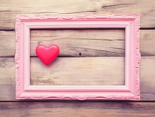 Pink Frame Red Heart: A rustic, romantic image featuring a pink picture frame on a wooden background, adorned with a single red heart. Perfect for Valentine's Day, love.