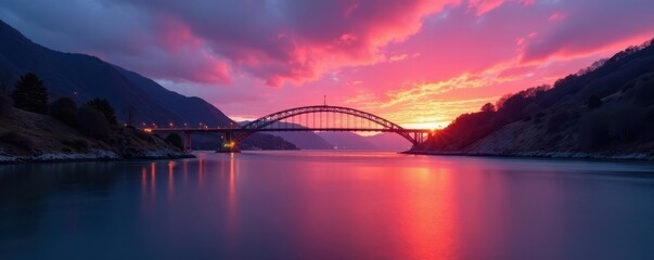 Wall Mural - Sunrise paints Kylesku Bridge in vibrant hues, long exposure captures soft light and flowing water , panoramic, calm