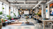 © Sam Design - vibrant startup workspace with creative decor and modern furniture, full blurry view, no element in focus, bright lighting, open layout, contemporary design