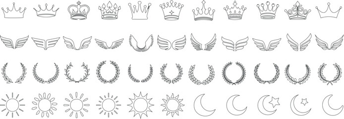 Wall Mural - elegant crowns, wings, laurel wreaths, sun, moon, and star icons in minimalist vector design. perfec