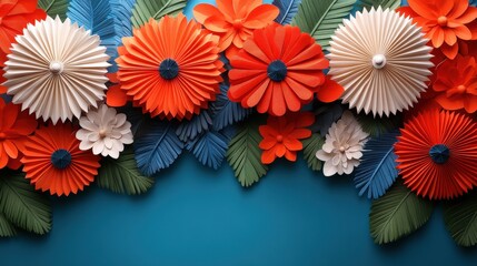 Wall Mural - Vibrant paper flowers in orange, white, and blue arranged artistically against a teal backdrop