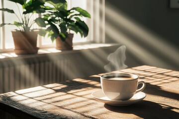 Wall Mural - A Warm Cup Of Coffee In The Morning Sunlight