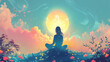 © umeno - Tranquil Sunset Meditation in a Flower Field with Glowing Moon and Fireflies