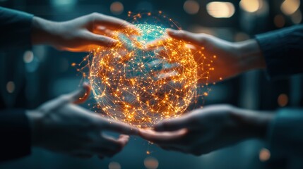 Wall Mural - hands holding glowing digital globe representing global connectivity and technology advancement