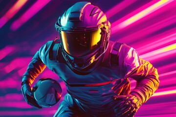 Sticker - Futuristic Astronaut Running Through Neon Lights With A Ball