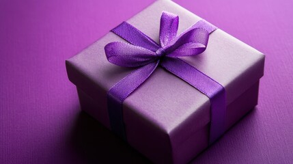 Elegant purple gift box with ribbon displayed on a vibrant purple background