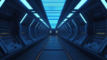 Poster - Futuristic Blue Lit Corridor in a Spaceship