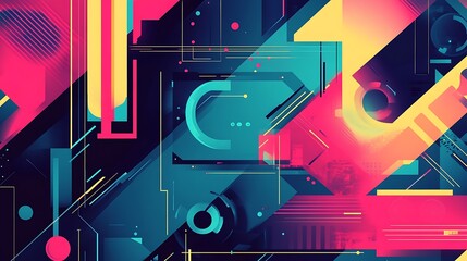 Wall Mural - Abstract Geometric Cyberpunk Artwork: Vibrant Hues and Digital Forms