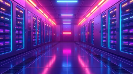 Poster - Futuristic Server Room with Vibrant Neon Lighting