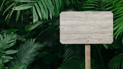 A blank wooden sign stands amidst lush green foliage, blending natural elements with potential for messaging.