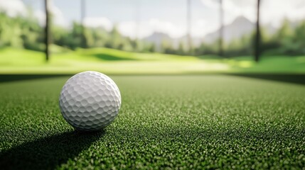 Wall Mural - Golf Ball on a Lush Green Course with Mountain View