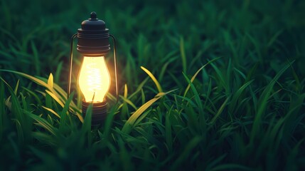 Wall Mural - Luminous Lantern in a Field of Grass at Night