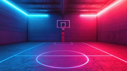 Poster - Neon Lit Indoor Basketball Court Vibrant Pink and Blue Hues