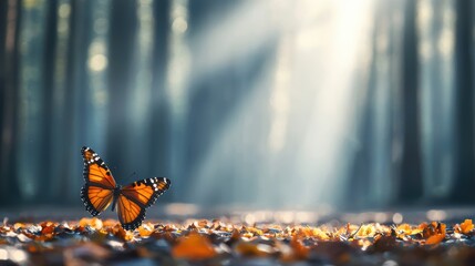 Wall Mural - Orange Butterfly in a Sunlit Forest