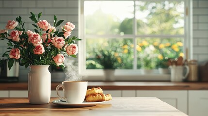 Wall Mural - Peaceful Kitchen Morning with Coffee and Pink Roses