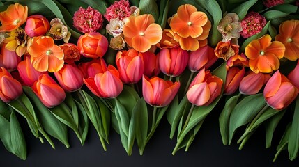 Wall Mural - Vibrant Bunch of Orange Tulips in Full Bloom Captivatingly Displaying Their Bright Color and Delicate Petals Surrounded by Lush Green Foliage in a Beautiful Spring Garden Setting