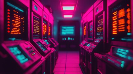 Poster - Retro Futuristic Server Room with Neon Lights and Colorful Displays