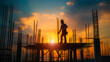 Construction worker installing rebar on a building site at sunrise, symbolizing dedication, precision, and the development