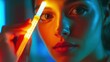 © NAIMAH - Woman holds glowstick, neon background, beauty portrait, advertising