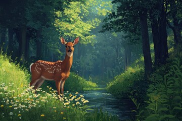 Wall Mural - Serene Deer in a Sunlit Forest Stream