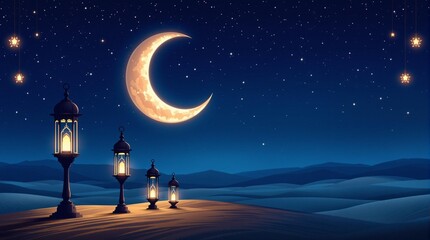 Wall Mural - lanterns stands in the desert at night sky, lantern islamic mosque, crescent moon ramadan kareem the