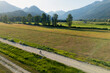 © Cavan Images - Cyclist on a gravel road in a sunlit rural landscape by mountains.