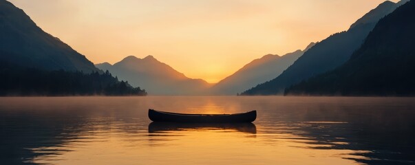 Poster - Serene Sunrise Over Mountain Lake With Canoe