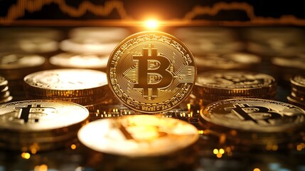 Fototapete - Glowing Bitcoin Logo atop a Stacked Pile of Gleaming Golden Coins Representing the Potential for Cryptocurrency Investment Success and a Futuristic Financial Concept