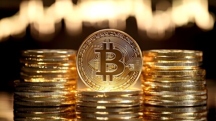 Fototapete - Neatly stacked Bitcoin cryptocurrency coins with a reflective golden surface representing the financial growth and investment potential of digital currencies in the modern economy