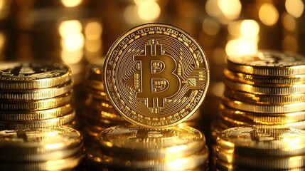 Aufkleber - Neatly stacked Bitcoin coins with a reflective golden surface representing the growth and investment potential of the digital currency and blockchain technology in the modern economic landscape