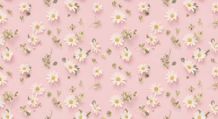  A repeating floral design with delicate daisies and small green leaves in soft pastel tones