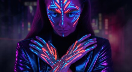 Wall Mural - Young caucasian female with neon tribal face paint and crossed hands