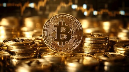 Poster - Towering stack of shiny golden Bitcoin coins set against a high tech digital background showcasing the dominance and financial innovation of cryptocurrency technology