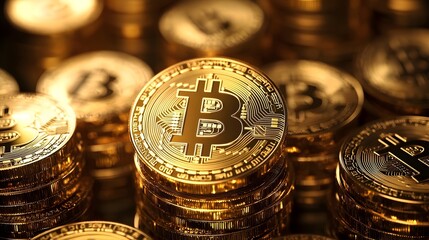 Poster - Elegant stacks of Bitcoin cryptocurrency coins with soft lighting and a global financial chart overlay