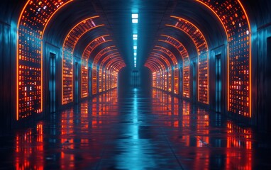 Wall Mural - luminous futuristic corridor with vibrant orange and blue neon lights reflecting on a sleek floor