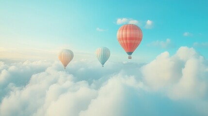  Three hot air balloons soar above fluffy clouds at sunrise, idyllic travel scene