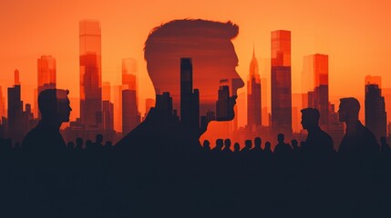 Poster - Silhouette of a Person Amidst a City Skyline at Sunset