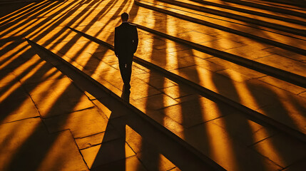 Dramatic lighting illuminating courthouse steps with a solitary figure in silhouette, creating a somber and powerful atmosphere, symbolizing justice and law.
