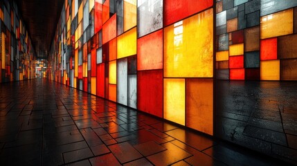 Wall Mural - luminous rectangular panels mosaic in warm colors on walkway
