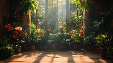 Wall Mural - Sunlight streaming through windows illuminating a vibrant indoor garden filled with blooming plants