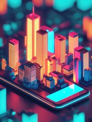 Wall Mural - Vibrant Neon Cityscape on Smartphone Screen