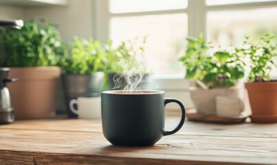 Wall Mural - Warm Coffee Mug with Steaming Hot Drink on Rustic Kitchen Table Among Fresh Herbs by Window