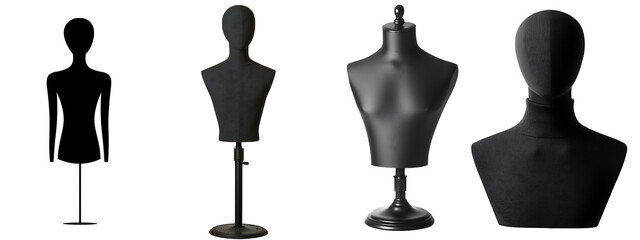 Set of a black mannequin torso on a display stand, isolated on a transparent background.