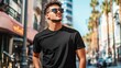 © Speedz - Man in black shirt, urban street, sunny day, palm trees background, apparel mockup