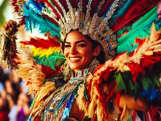 Woman in colorful costume smiles, crowds gather