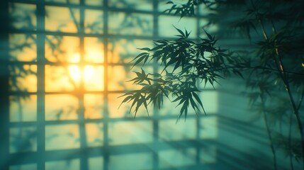 Wall Mural - Tranquil bamboo leaves silhouetted against a warm sunset, casting gentle shadows indoors