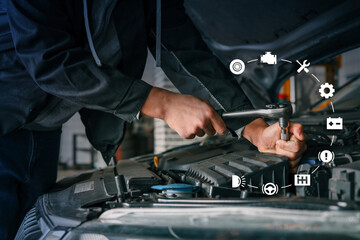 Aufkleber - Mechanic using wrench to fix car engine, with virtual automotive icons representing various diagnostics and maintenance services displayed around the image