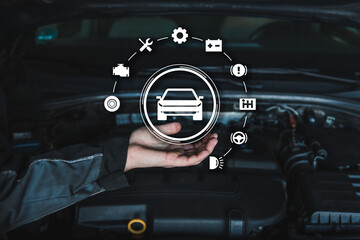 Fototapete - Mechanics hand presenting an illustrated car maintenance concept with automotive icons, including a car, gears, battery, and more, floating above an open engine hood.