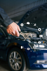 Aufkleber - Mechanic holding an adjustable wrench near a car with virtual automotive icons representing vehicle diagnostics, repair, and maintenance. Open hood and tools highlight professional service setting