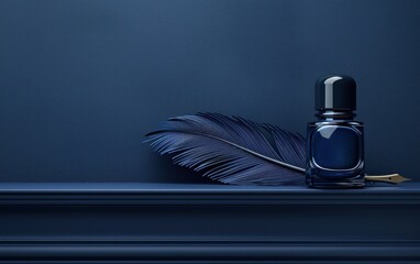 Wall Mural - Mysterious Dark Blue Quill Pen and Ink Bottle Still Life